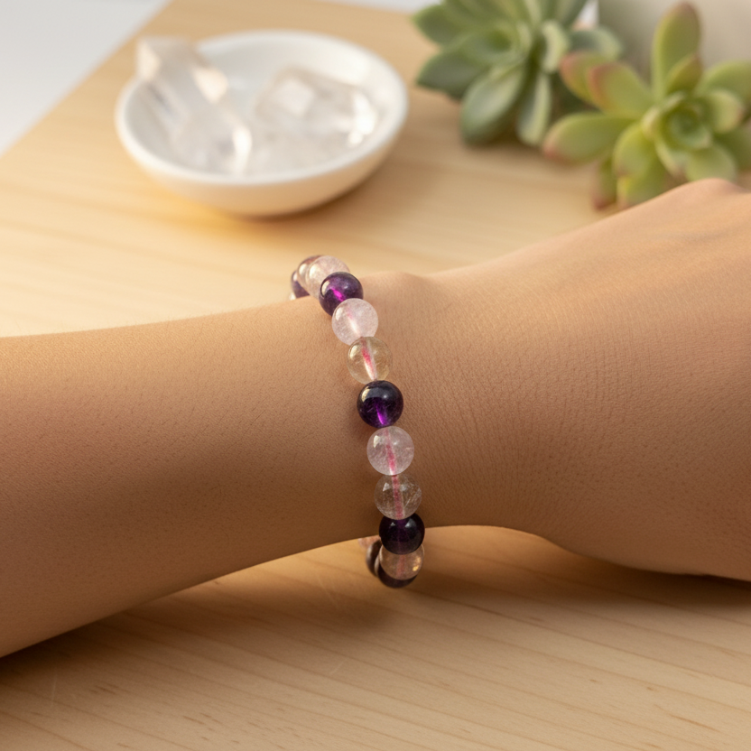 Ametrine Amethyst Citrine Bracelet Healing Wearable Crystal Elastic 16cm 8mm Bead Size