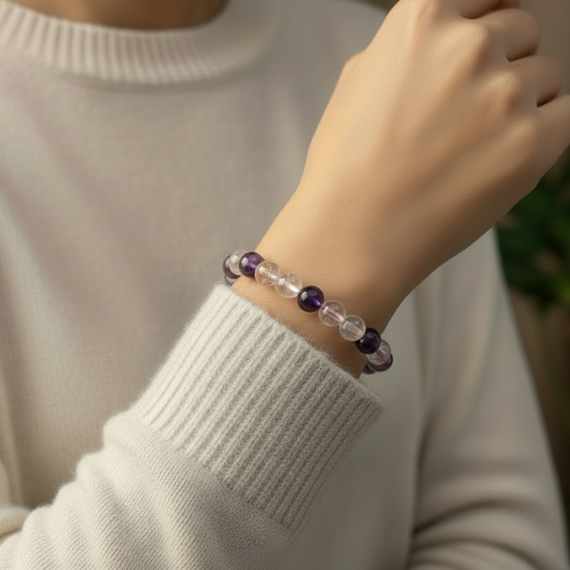 Ametrine Amethyst Citrine Bracelet Healing Wearable Crystal Elastic 16cm 8mm Bead Size