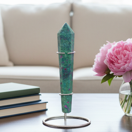 Ruby in Fuchsite UV Reactive Crystal Wand in Stand Generator 246g 171mm