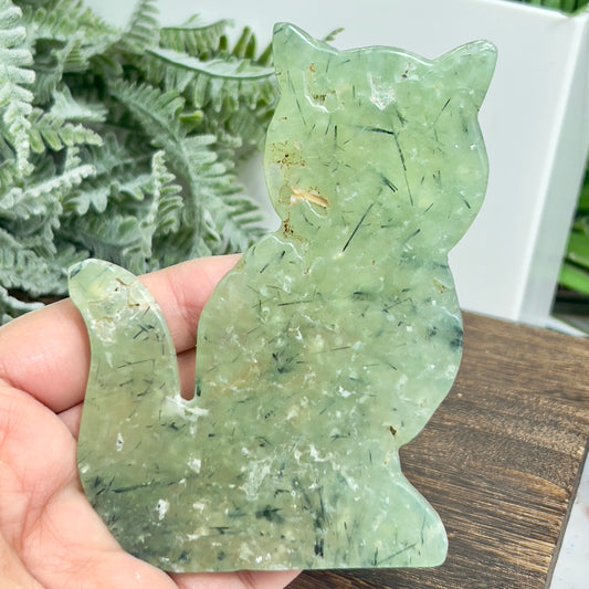 Prehnite with Epidote Kitty Cat Healing Crystal Animal Carving 160g
