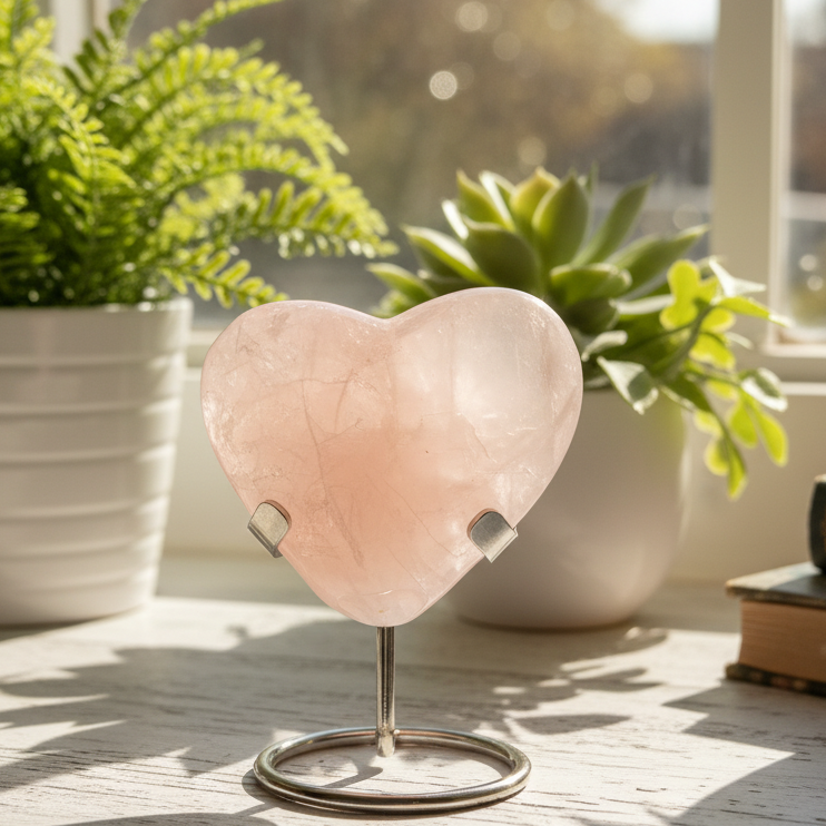Rose Quartz Heart with Stand Crystal Carving 200g