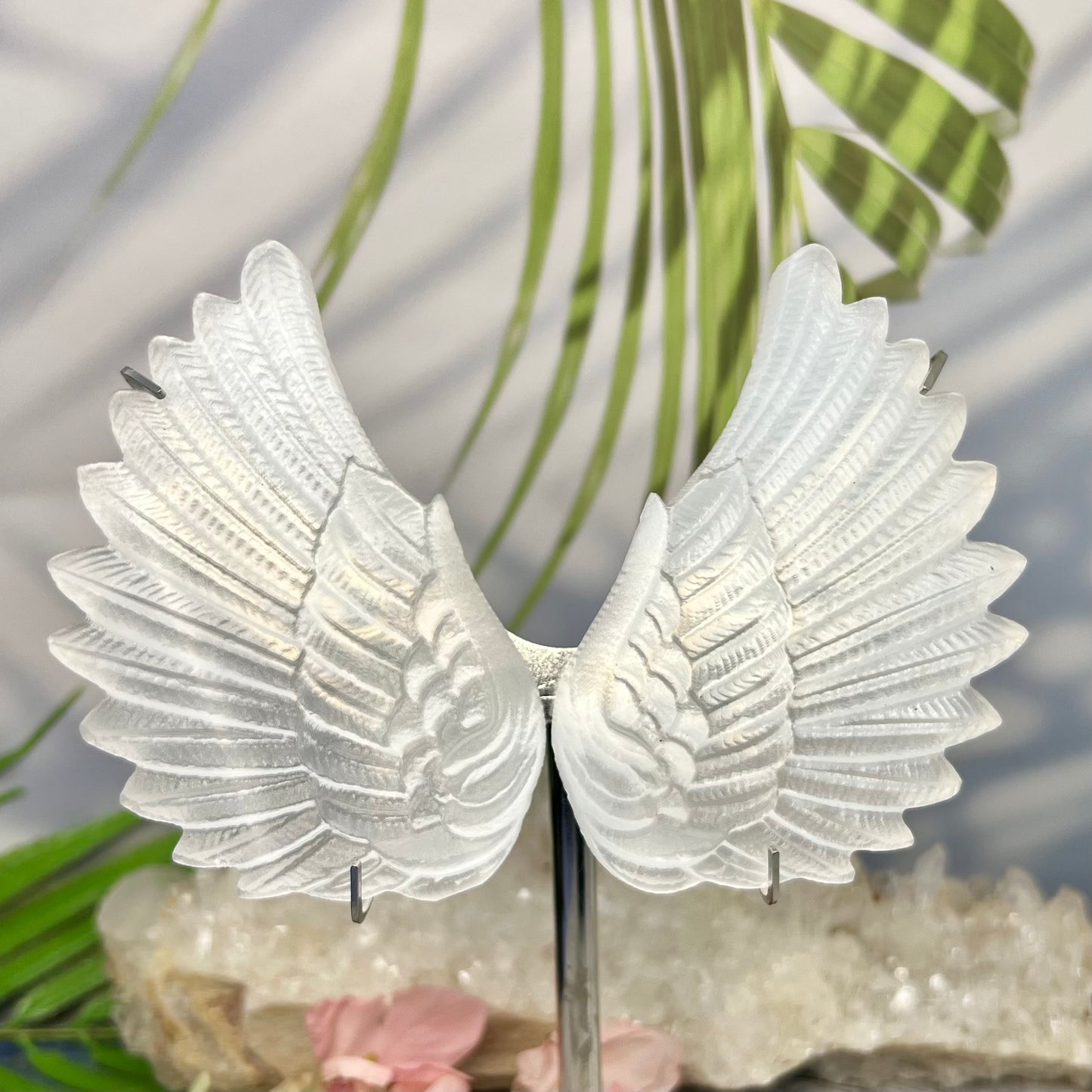 Satin Spar Selenite Angel Wings with Stand Crystal Carving