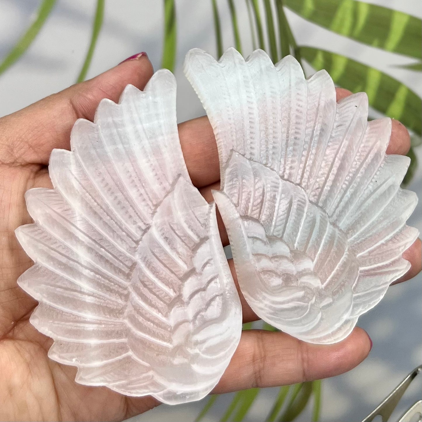 Satin Spar Selenite Angel Wings with Stand Crystal Carving