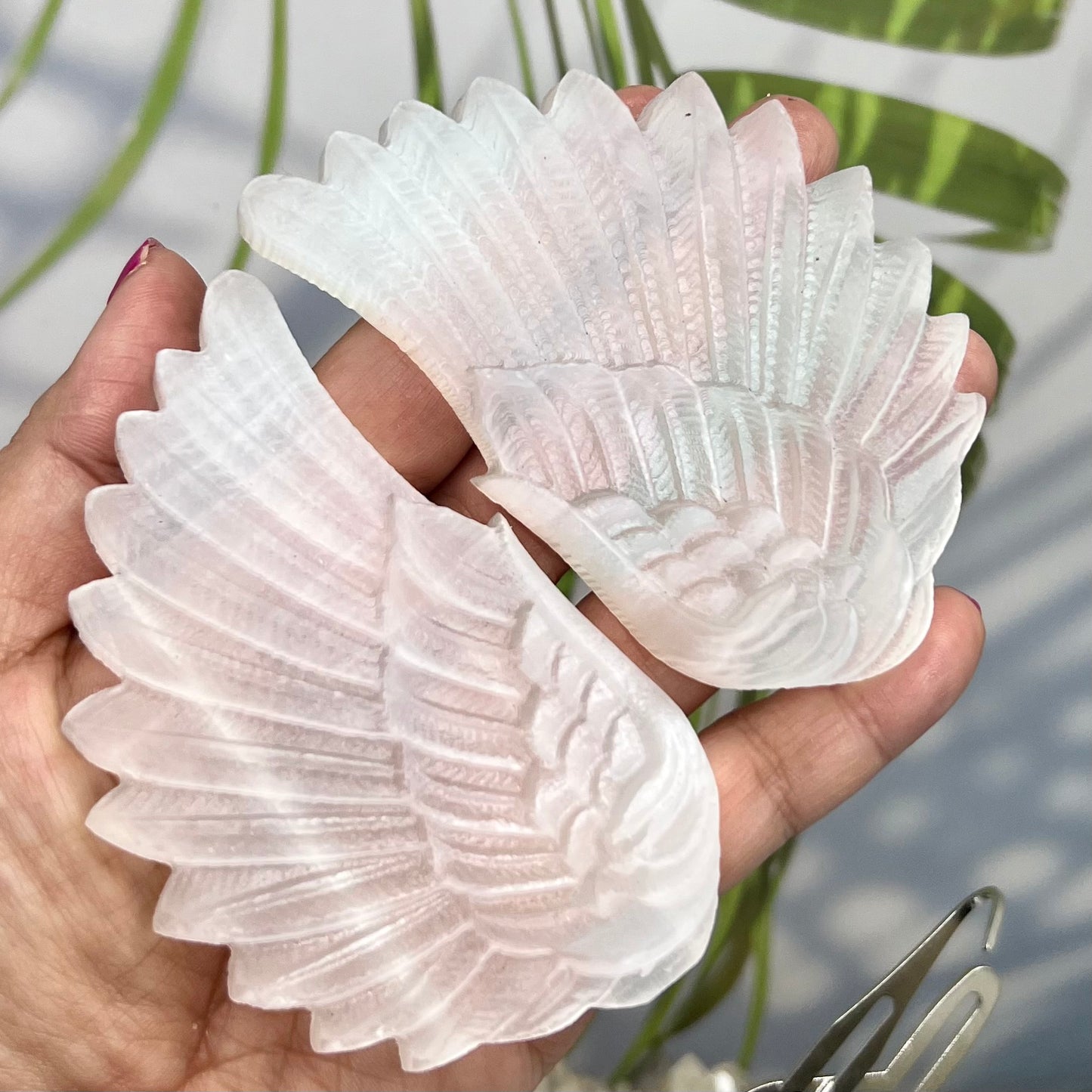 Satin Spar Selenite Angel Wings with Stand Crystal Carving
