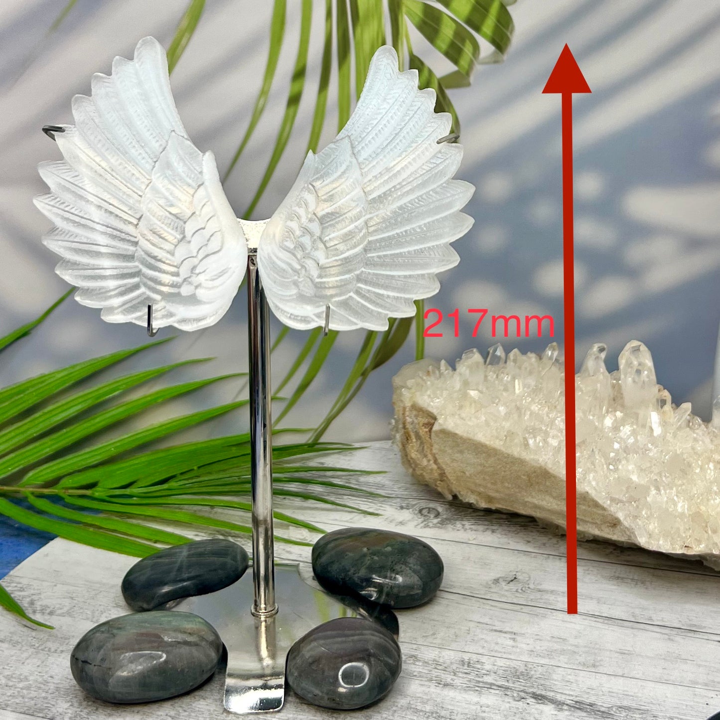 Satin Spar Selenite Angel Wings with Stand Crystal Carving