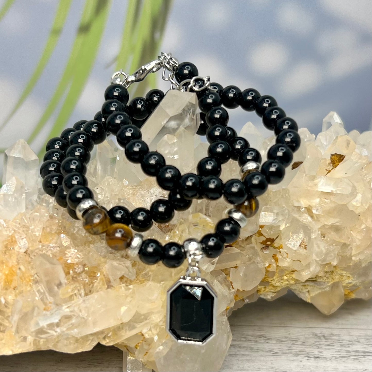 Tigers Eye Black Obsidian Necklace Grounding Wearable Crystal