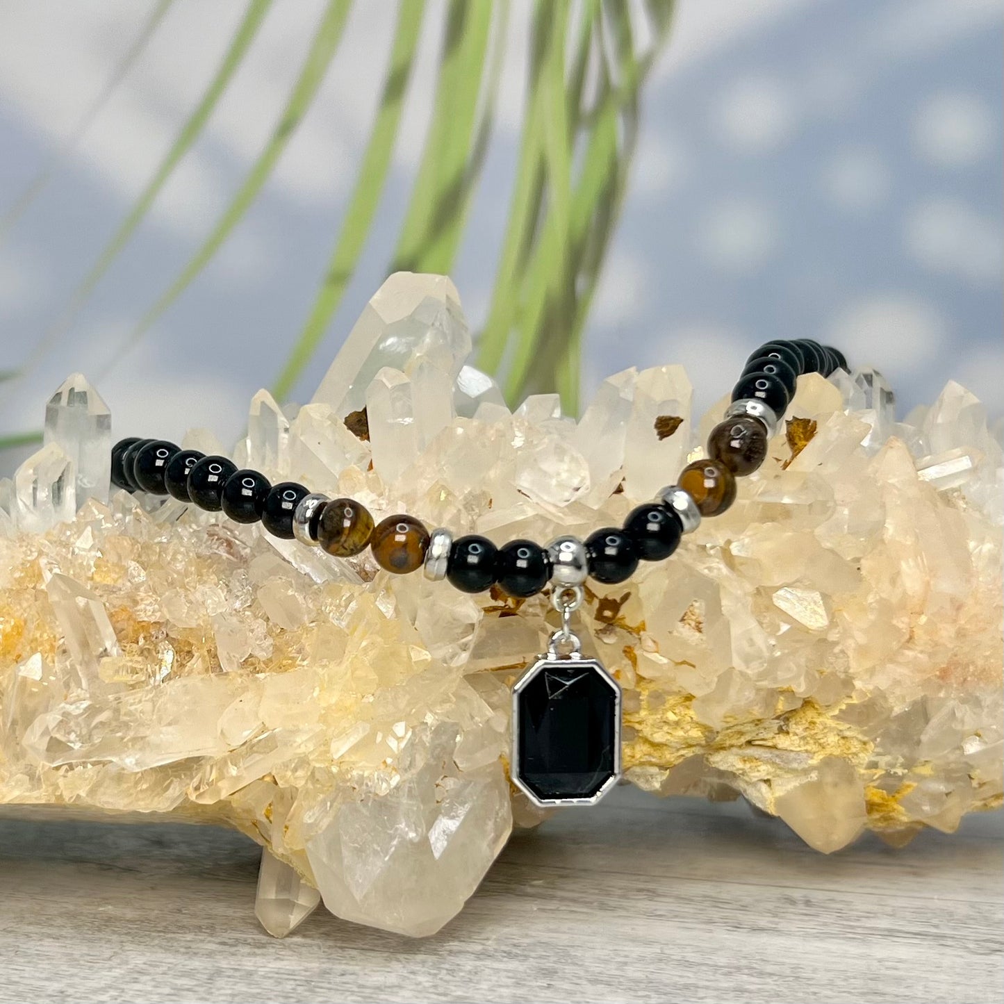 Tigers Eye Black Obsidian Necklace Grounding Wearable Crystal