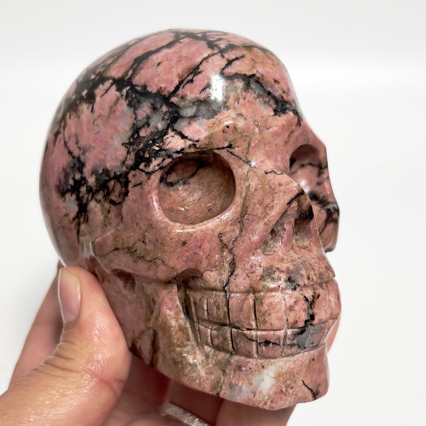 Rhodonite Skull Healing Crystal Carving 957g