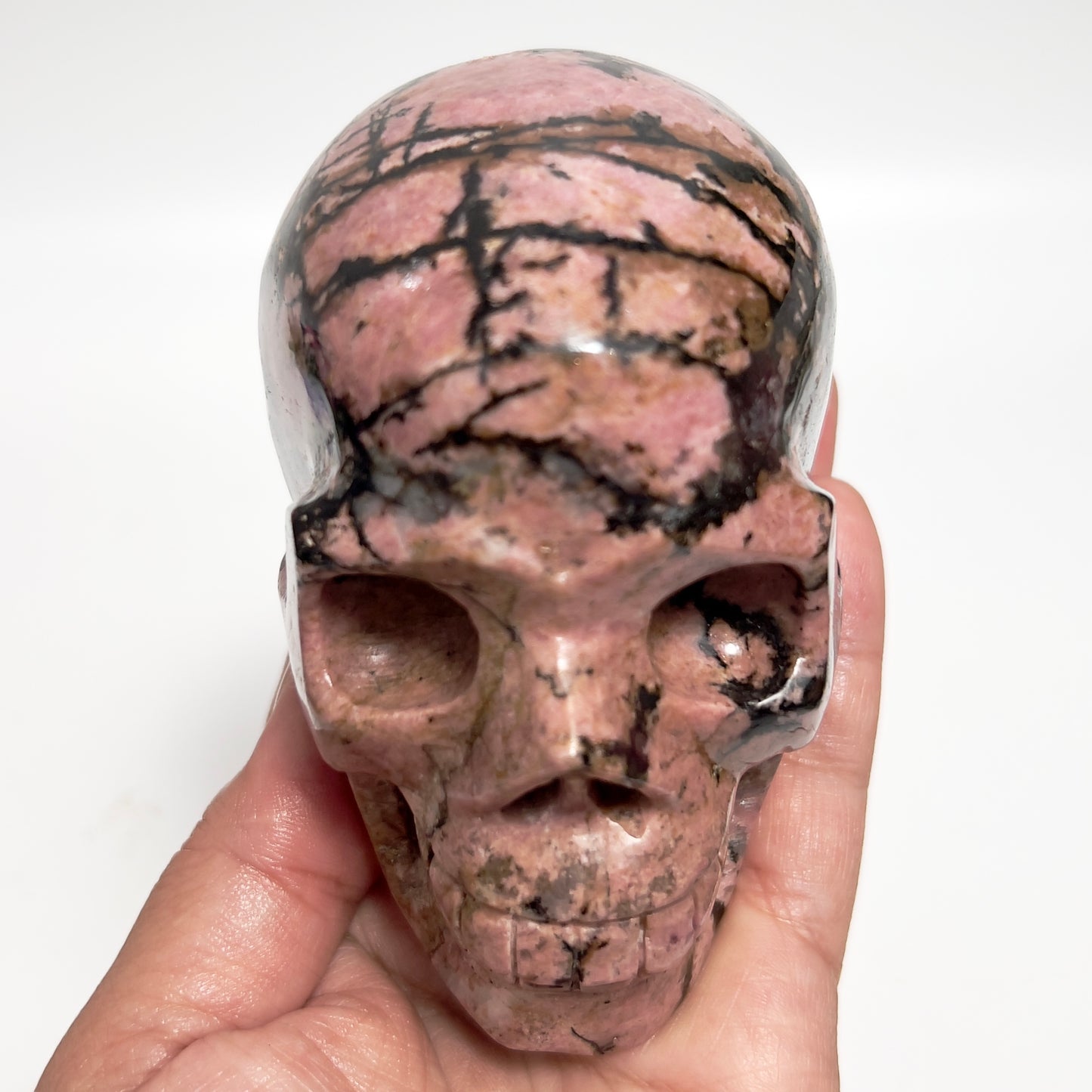 Rhodonite Skull Healing Crystal Carving 957g