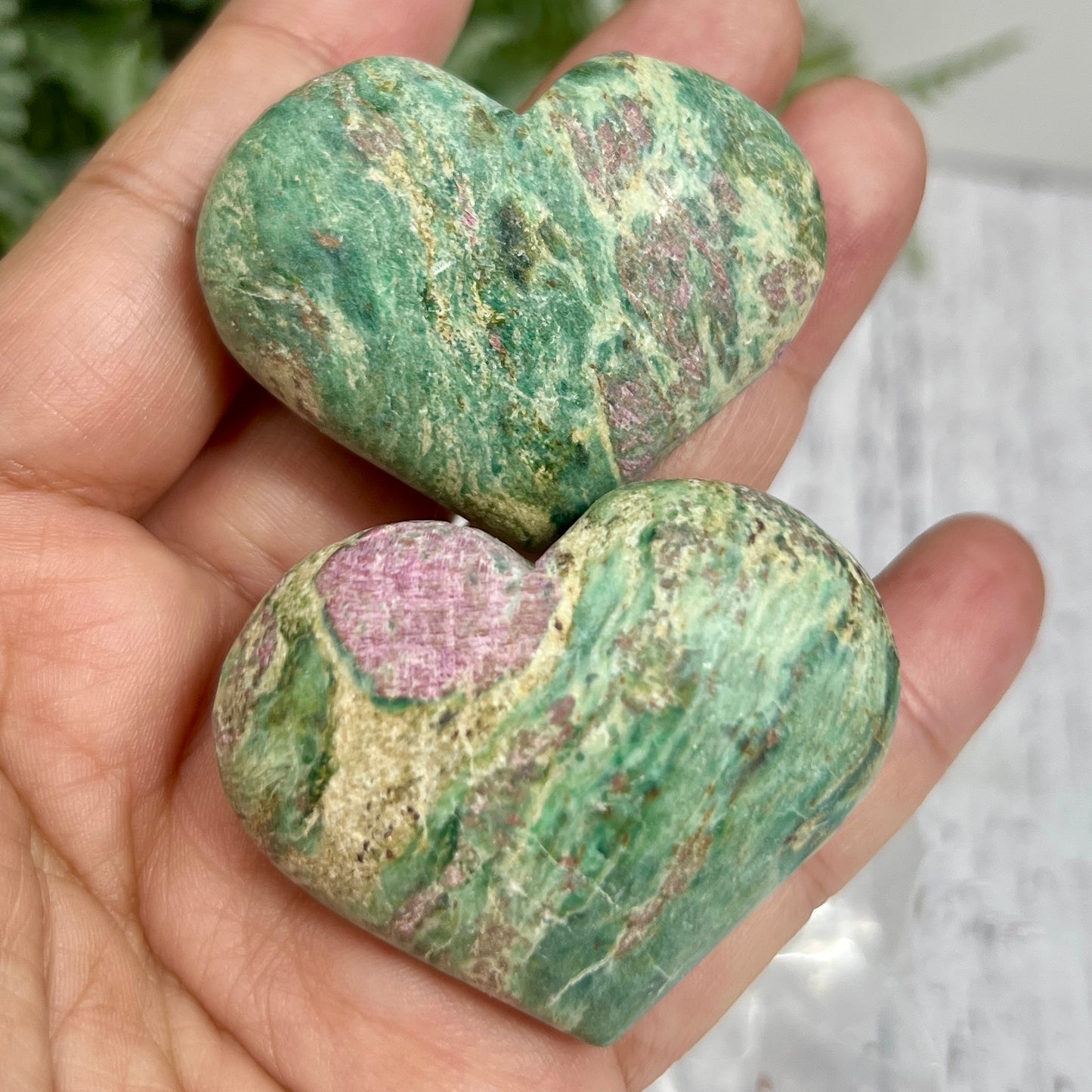 Ruby in Fuchsite Hearts UV Reactive Crystal Carvings YOU CHOOSE