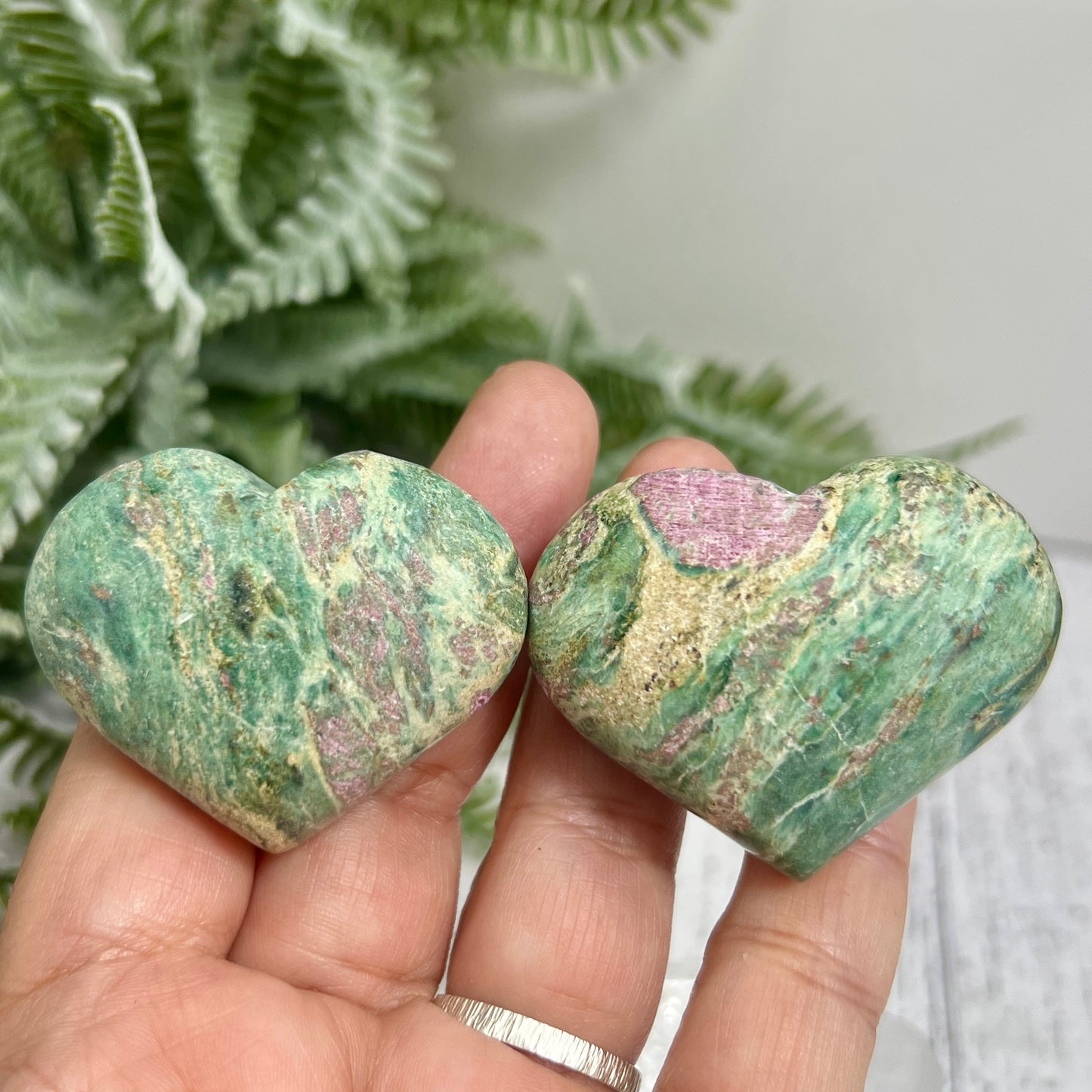Ruby in Fuchsite Hearts UV Reactive Crystal Carvings YOU CHOOSE