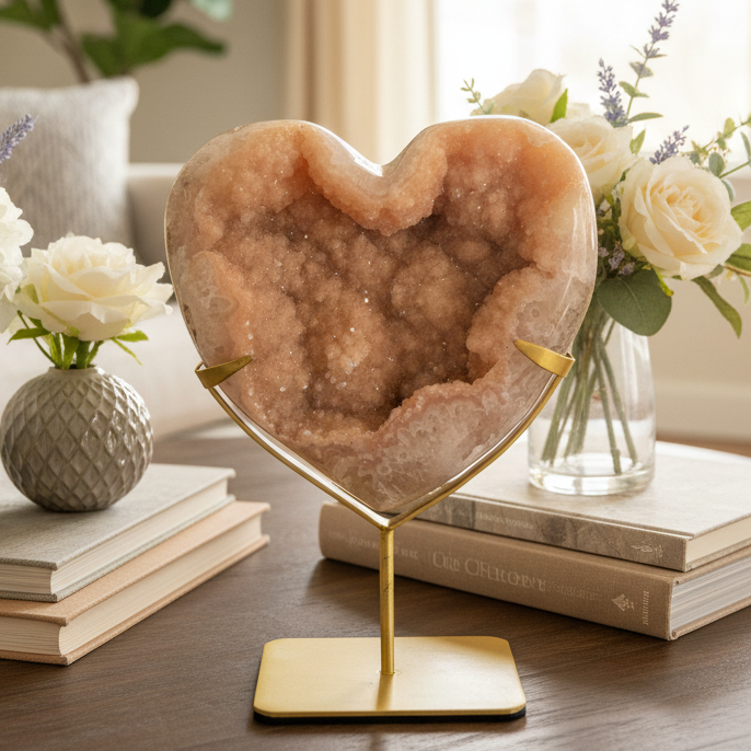 Pink Amethyst Quartz Heart with Stand Natural Healing Crystal 1466g