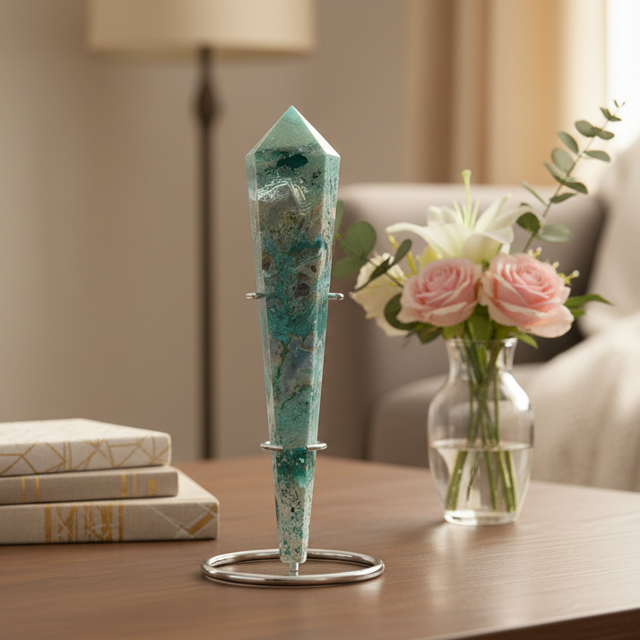 Moss Agate Wand with Stand Healing Crystal Ball 402g 218mm
