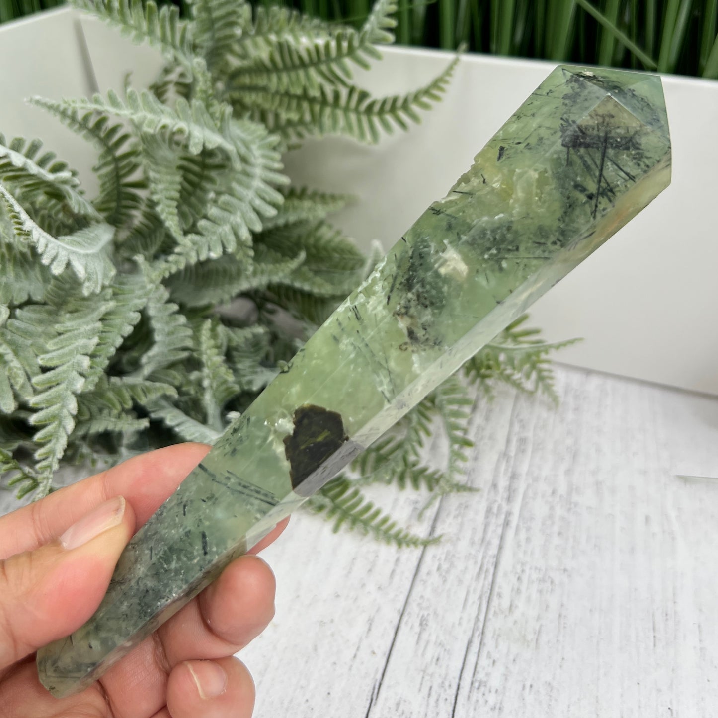 Prehnite with Epidote Wand with Stand Stone of Prophecy Crystal Carving 196g 172mm