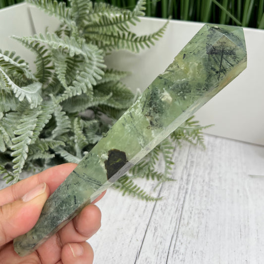 Prehnite with Epidote Wand with Stand Stone of Prophecy Crystal Carving 196g 172mm