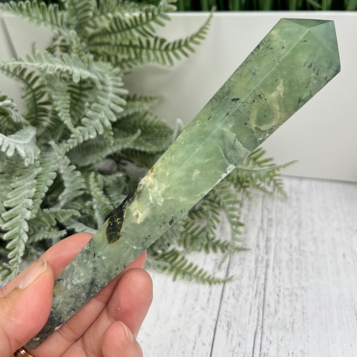Prehnite with Epidote Wand with Stand Stone of Prophecy Crystal Carving 196g 172mm