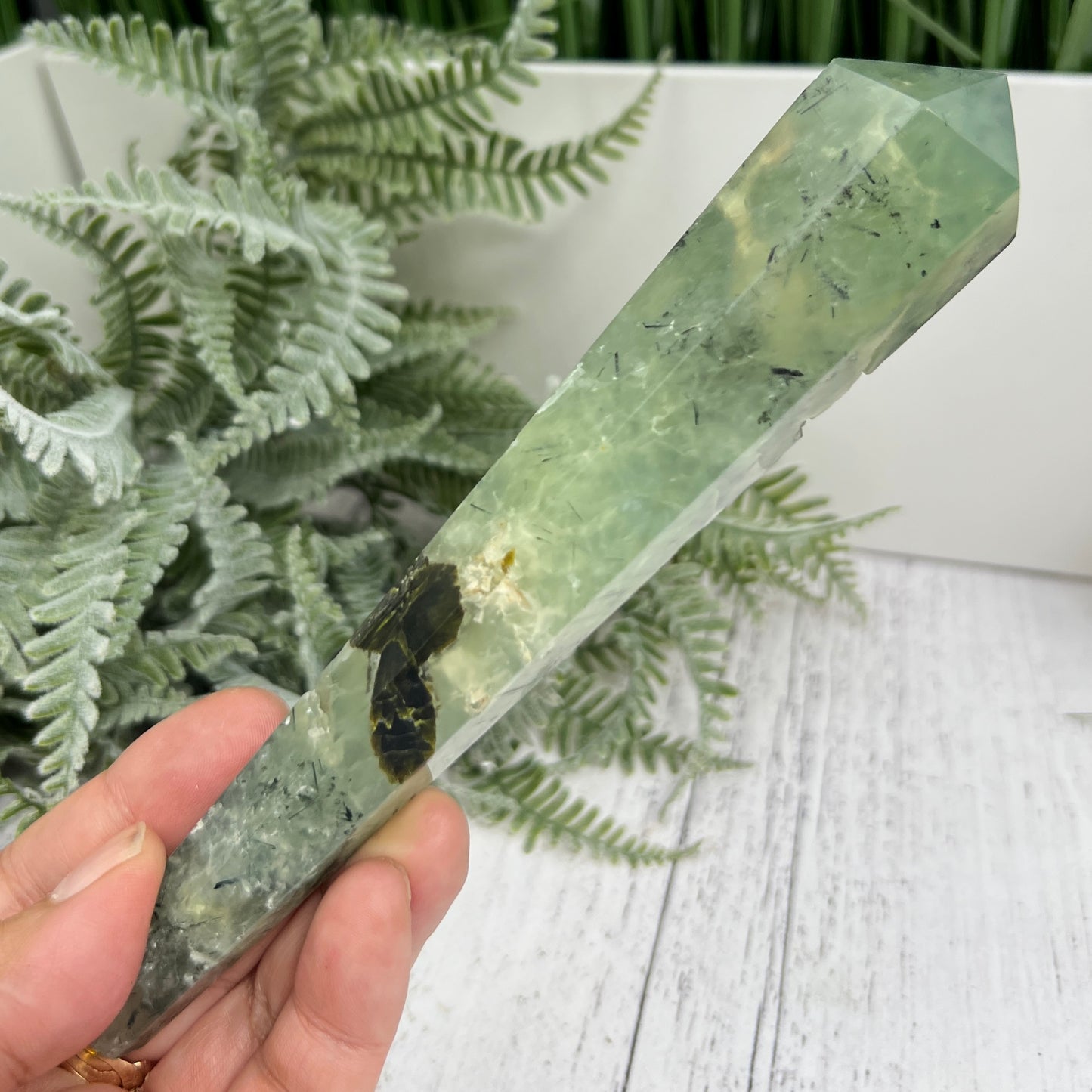 Prehnite with Epidote Wand with Stand Stone of Prophecy Crystal Carving 196g 172mm