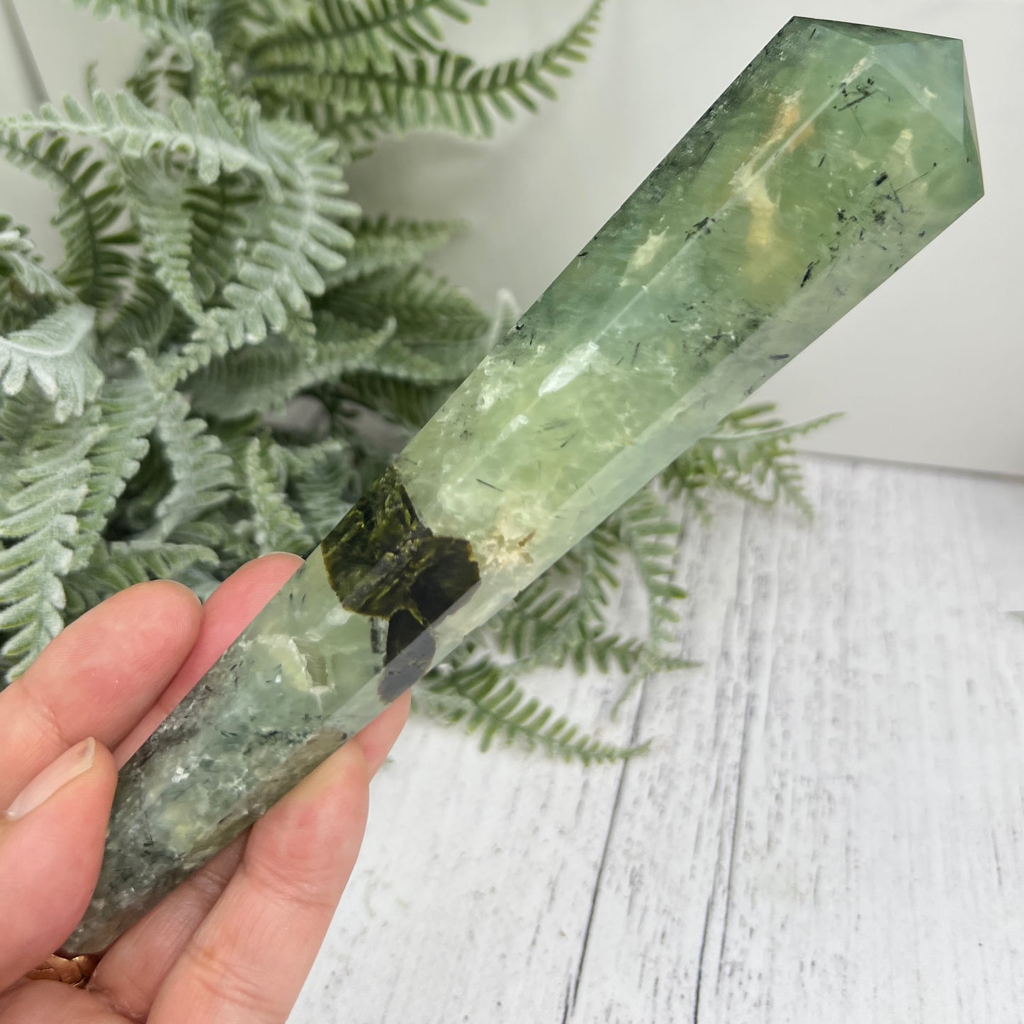 Prehnite with Epidote Wand with Stand Stone of Prophecy Crystal Carving 196g 172mm