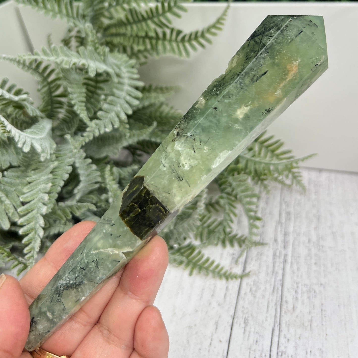 Prehnite with Epidote Wand with Stand Stone of Prophecy Crystal Carving 196g 172mm