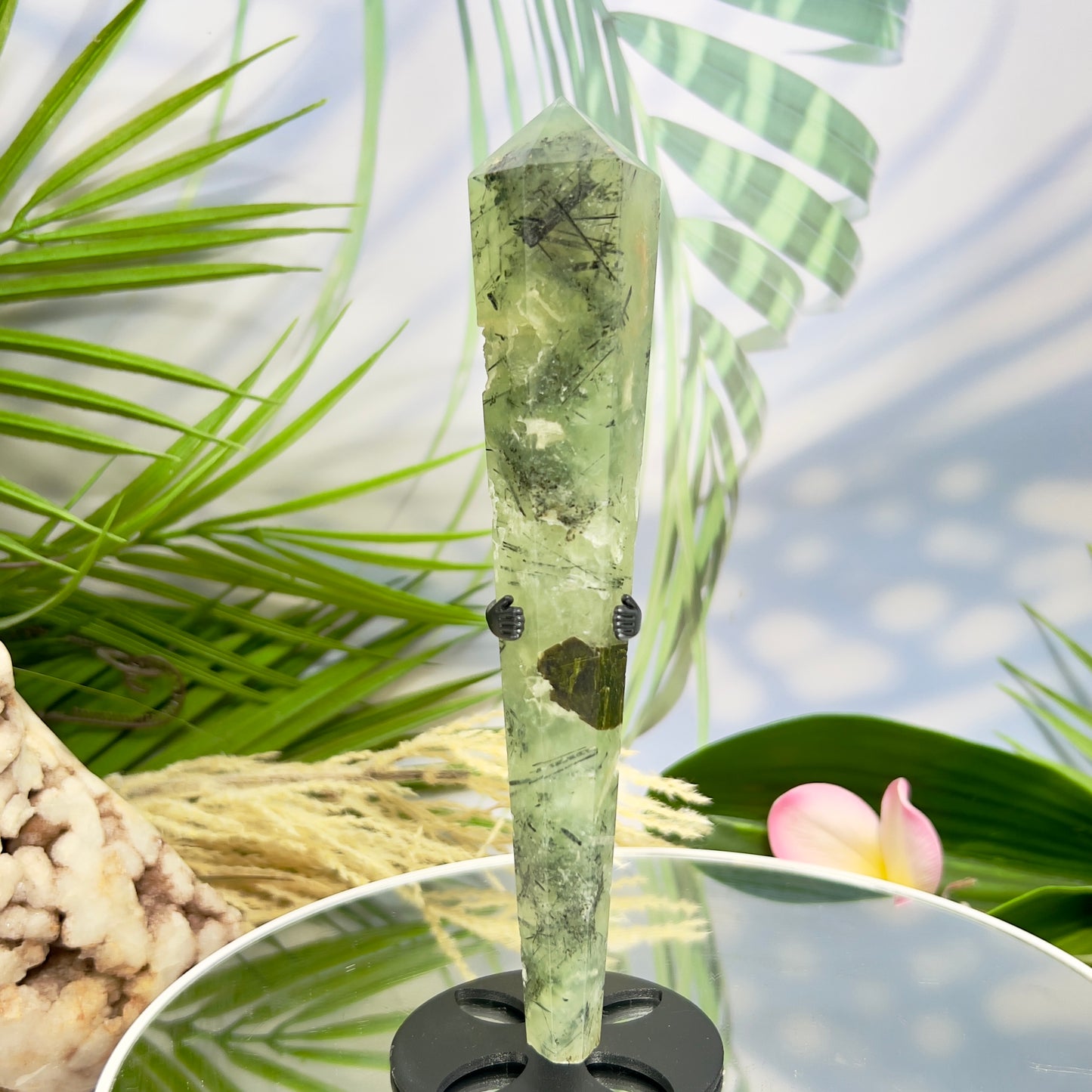 Prehnite with Epidote Wand with Stand Stone of Prophecy Crystal Carving 196g 172mm