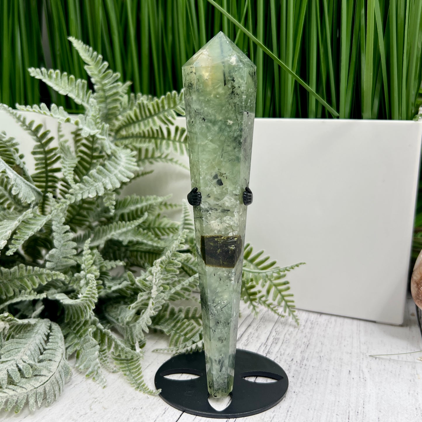 Prehnite with Epidote Wand with Stand Stone of Prophecy Crystal Carving 180g 166mm