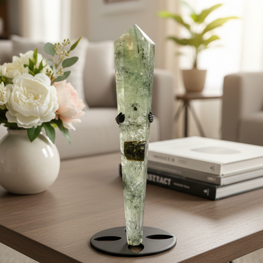 Prehnite with Epidote Wand with Stand Stone of Prophecy Crystal Carving 180g 166mm