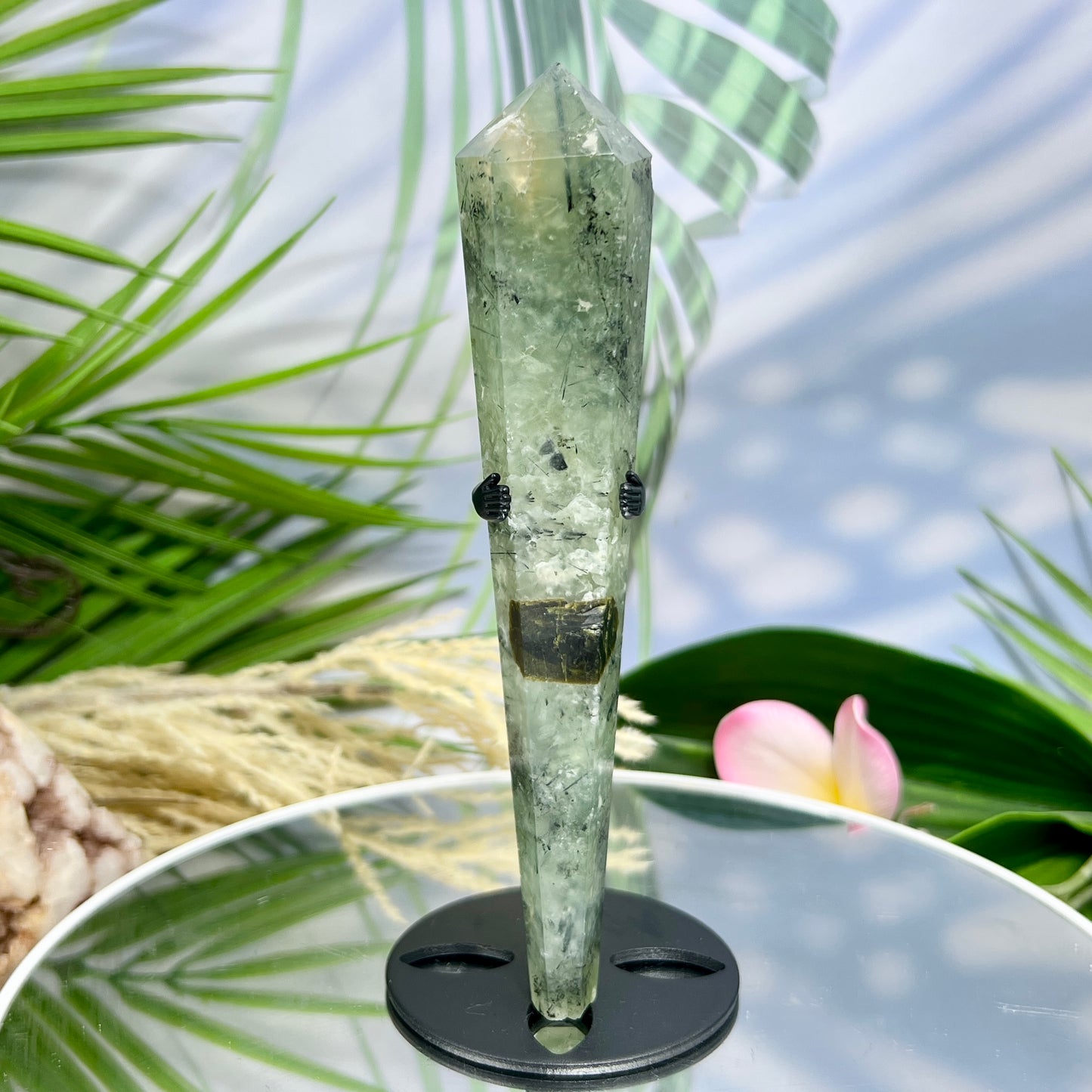Prehnite with Epidote Wand with Stand Stone of Prophecy Crystal Carving 180g 166mm