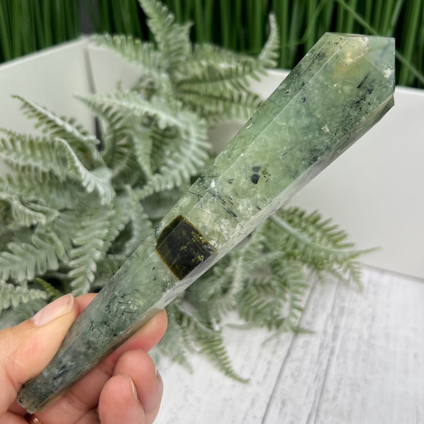 Prehnite with Epidote Wand with Stand Stone of Prophecy Crystal Carving 180g 166mm