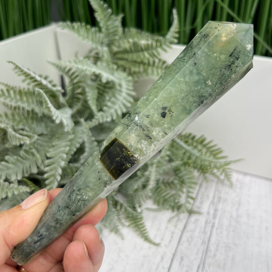Prehnite with Epidote Wand with Stand Stone of Prophecy Crystal Carving 180g 166mm