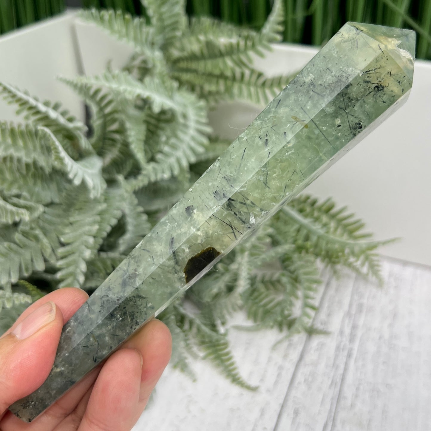 Prehnite with Epidote Wand with Stand Stone of Prophecy Crystal Carving 180g 166mm