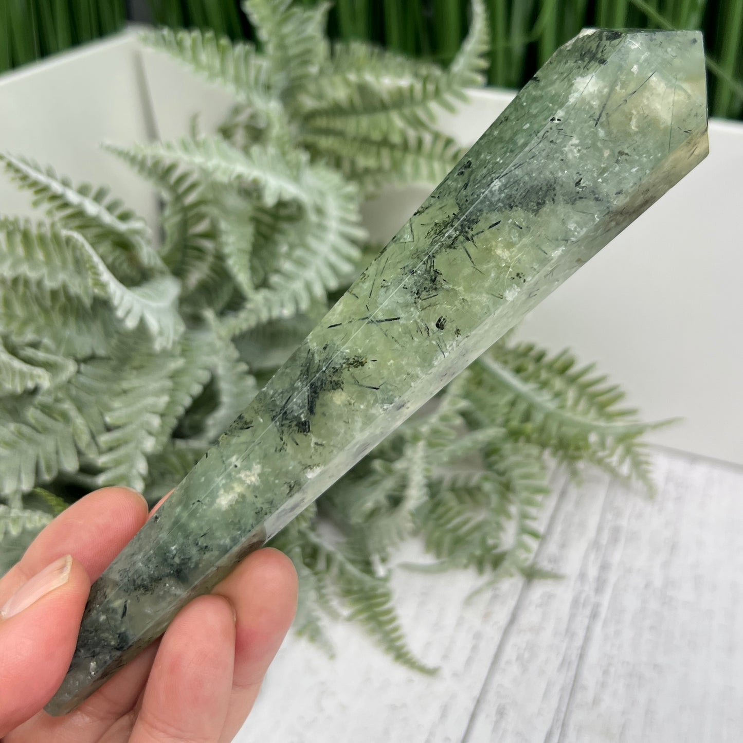 Prehnite with Epidote Wand with Stand Stone of Prophecy Crystal Carving 180g 166mm