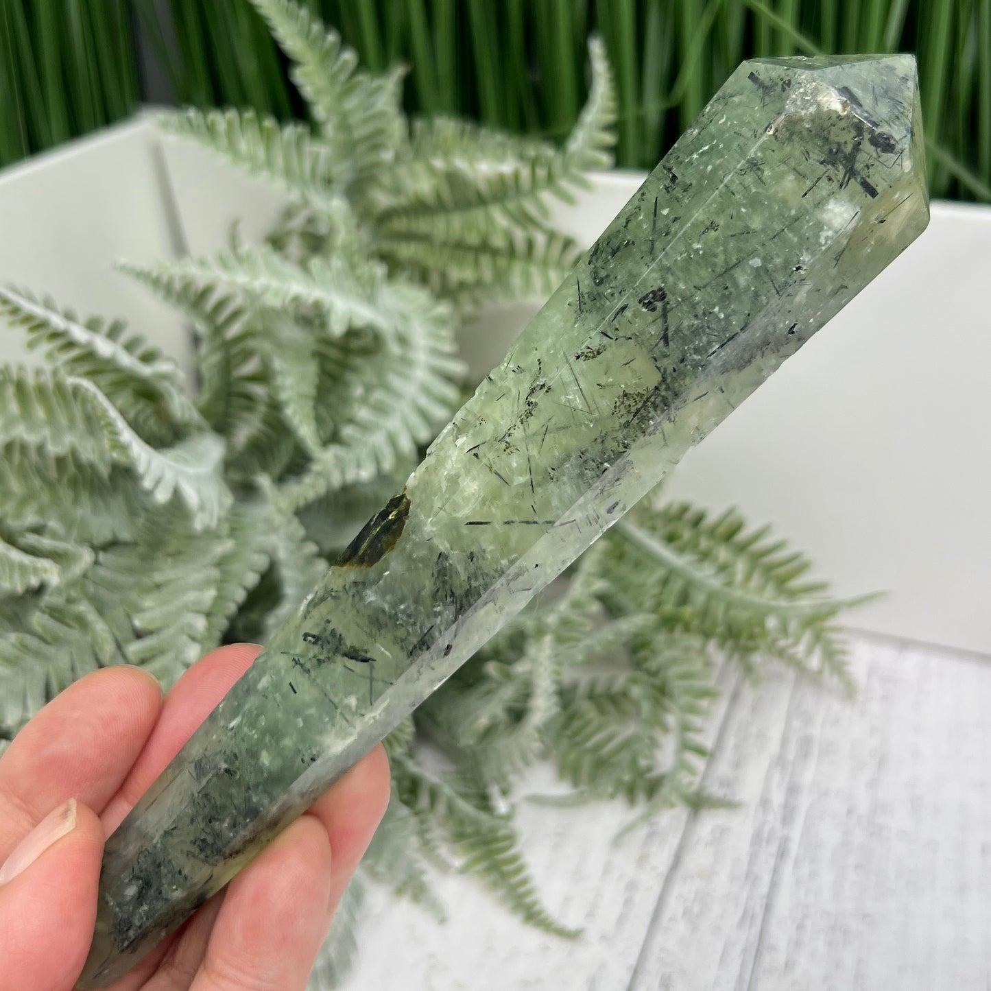 Prehnite with Epidote Wand with Stand Stone of Prophecy Crystal Carving 180g 166mm