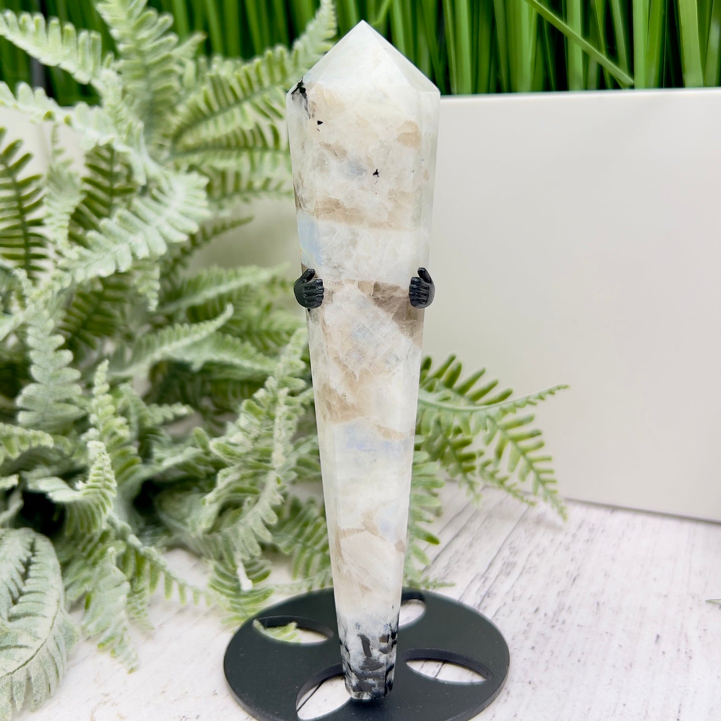 Rainbow Moonstone Black Tourmaline Wand with Stand Crystal Carving 101g 141mm