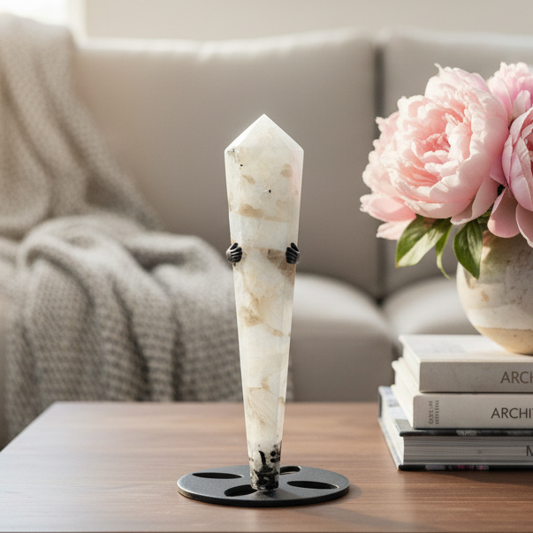 Rainbow Moonstone Black Tourmaline Wand with Stand Crystal Carving 101g 141mm