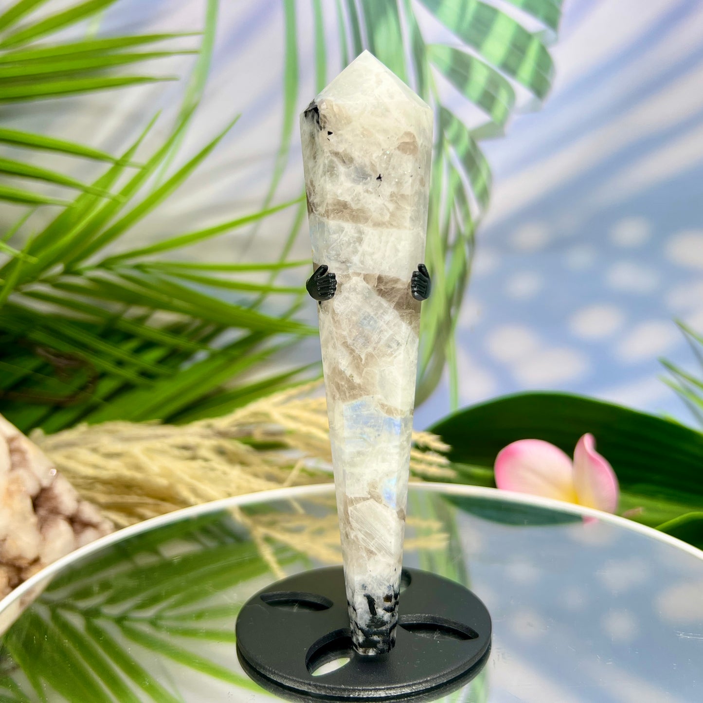 Rainbow Moonstone Black Tourmaline Wand with Stand Crystal Carving 101g 141mm