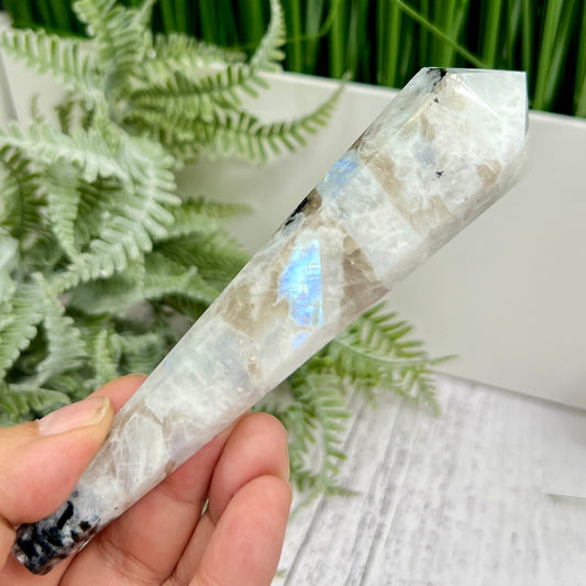 Rainbow Moonstone Black Tourmaline Wand with Stand Crystal Carving 101g 141mm