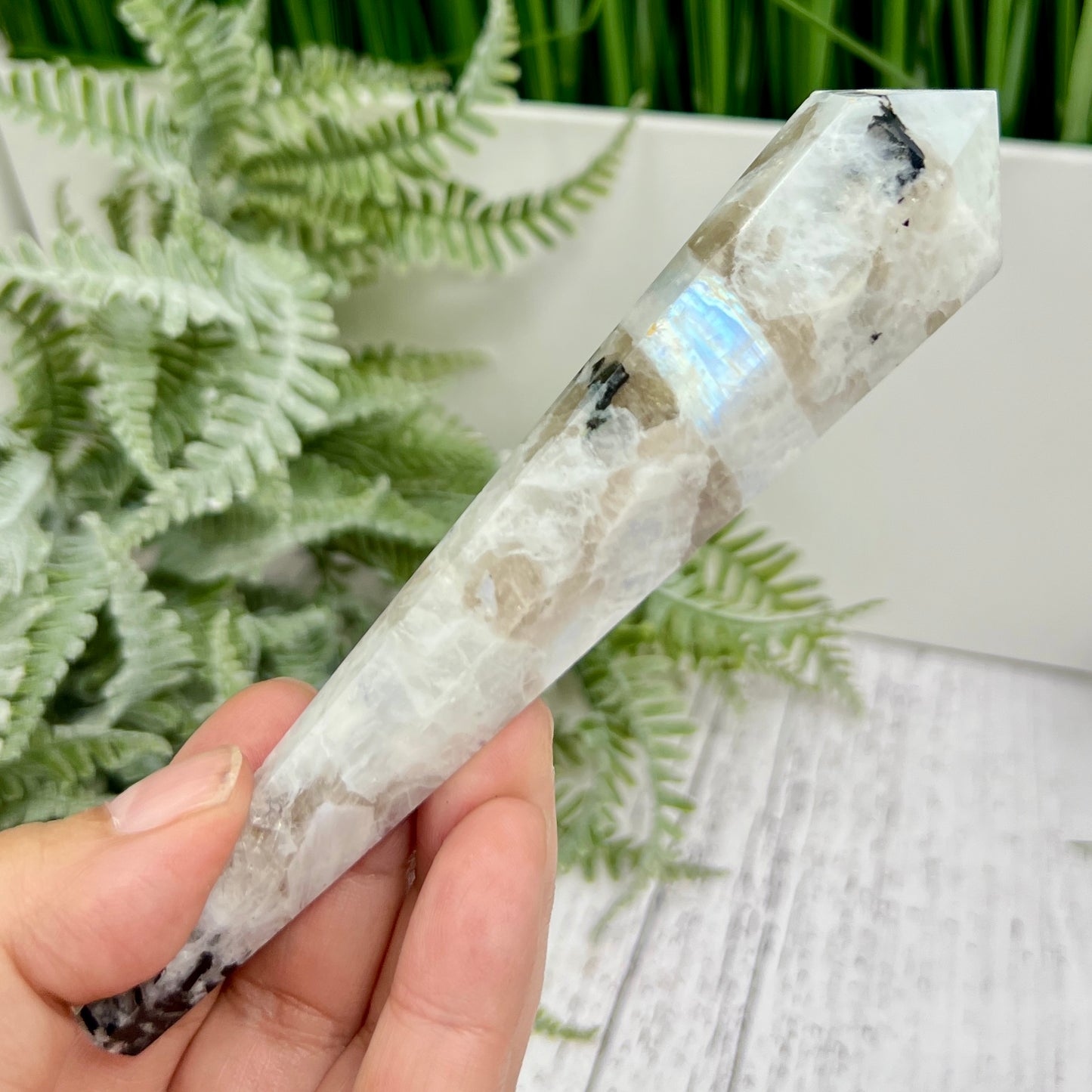 Rainbow Moonstone Black Tourmaline Wand with Stand Crystal Carving 101g 141mm