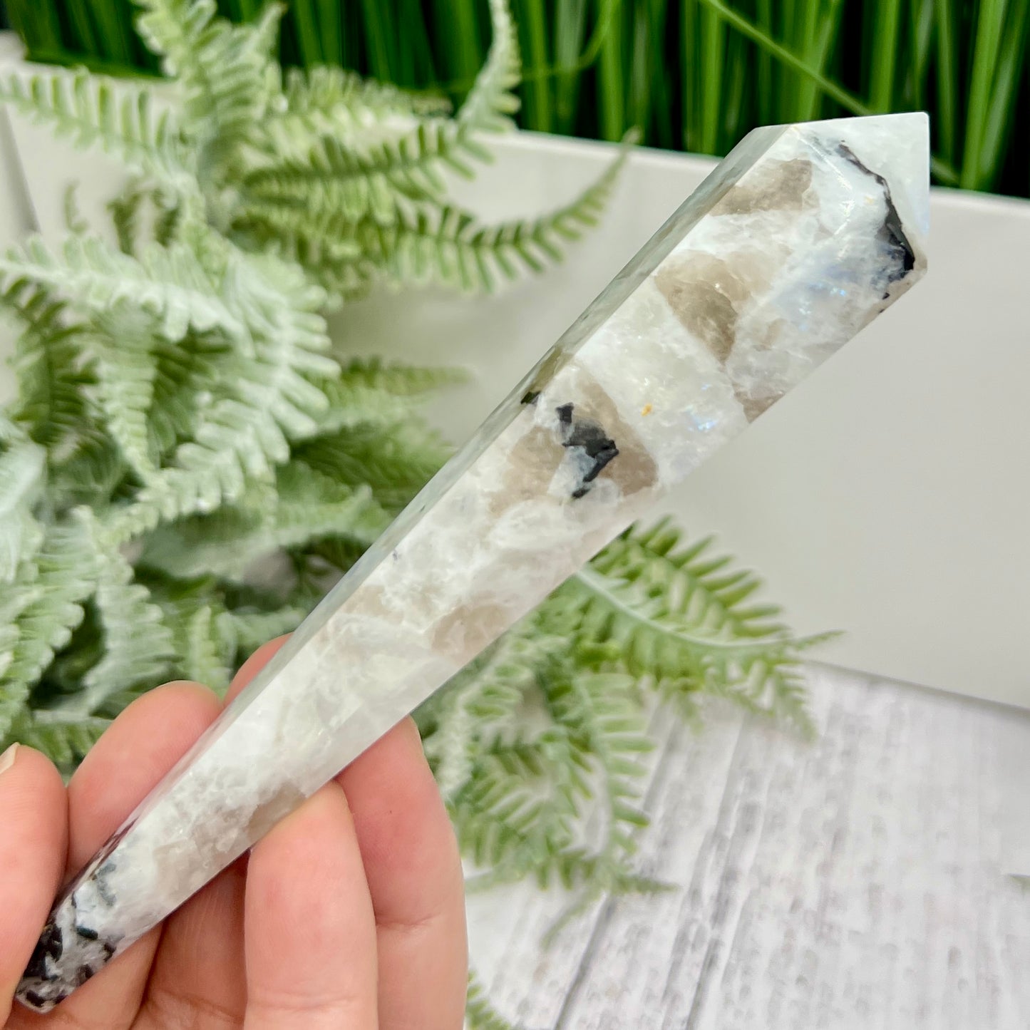 Rainbow Moonstone Black Tourmaline Wand with Stand Crystal Carving 101g 141mm