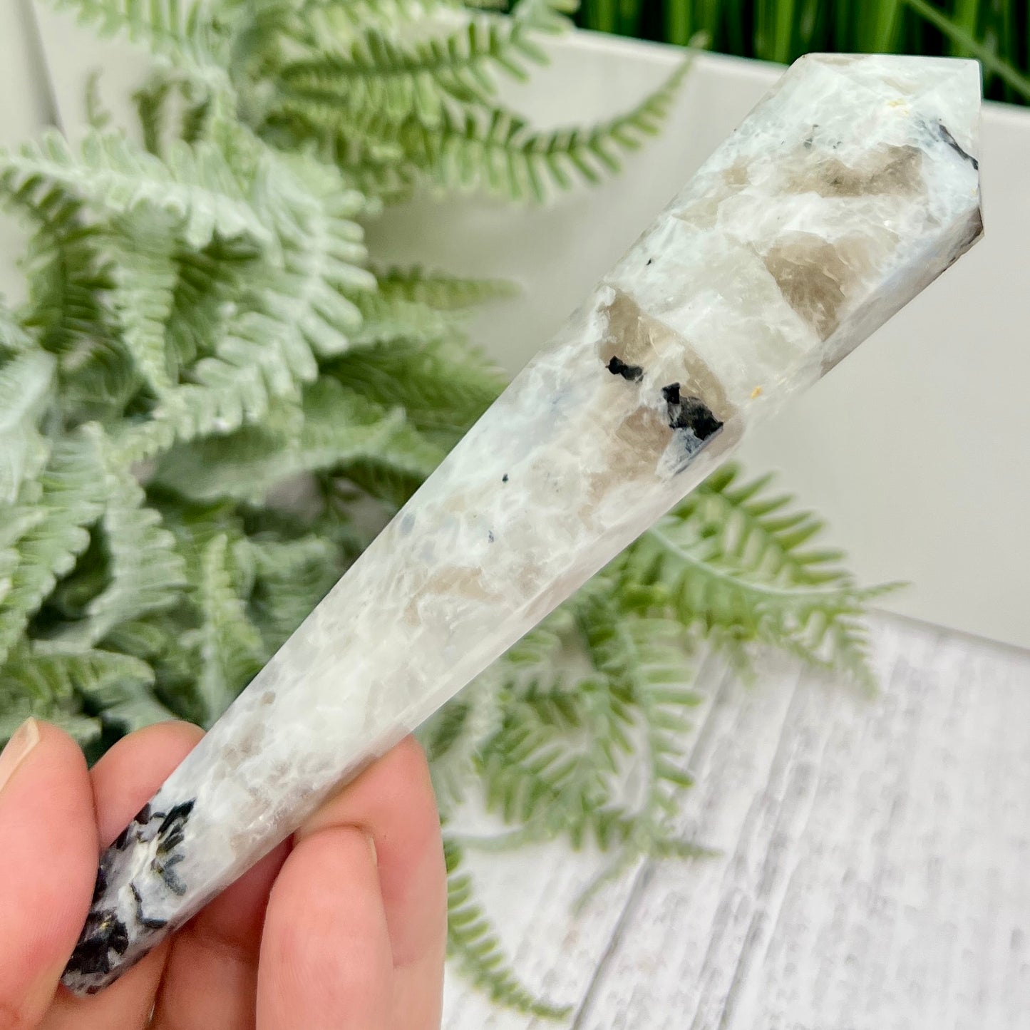 Rainbow Moonstone Black Tourmaline Wand with Stand Crystal Carving 101g 141mm
