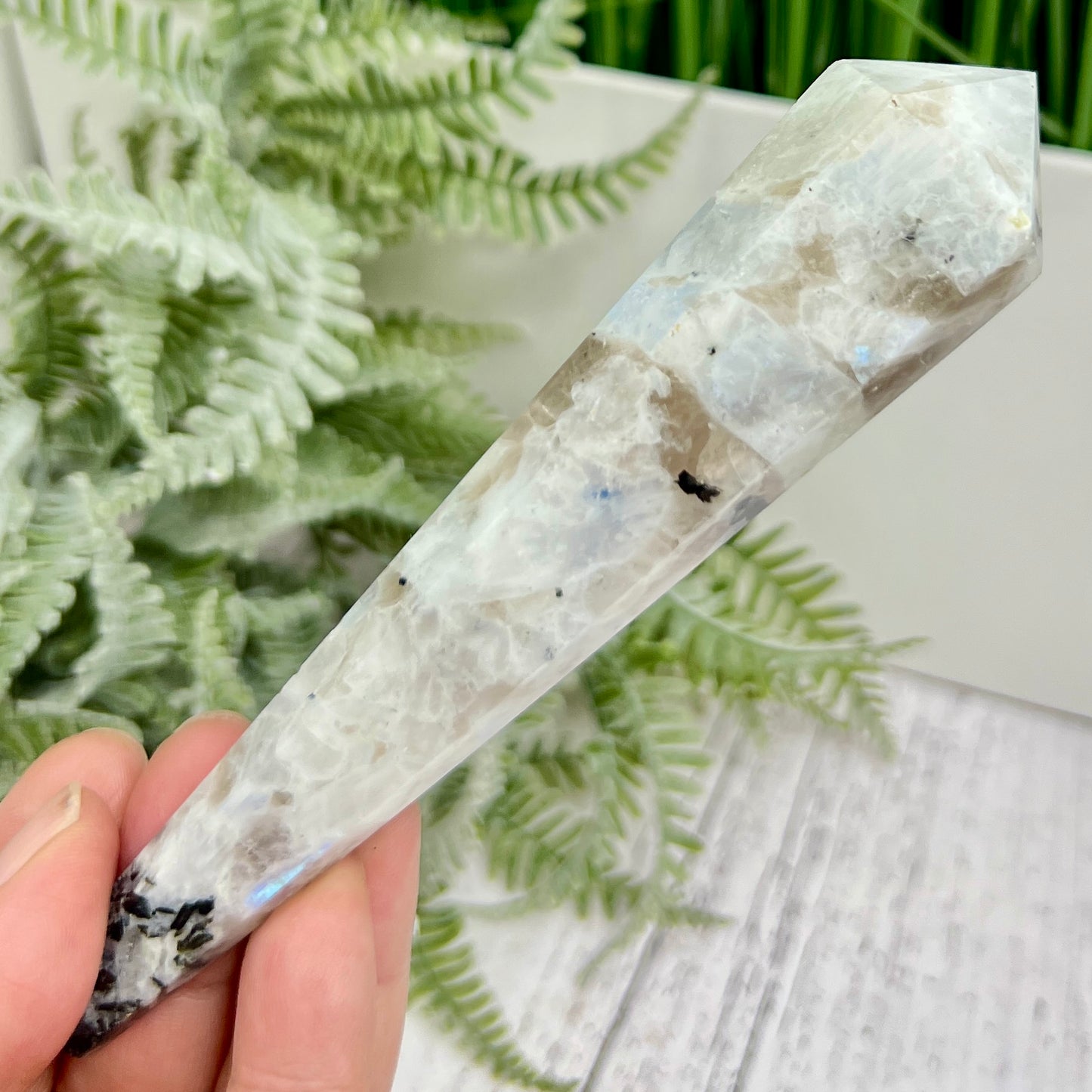 Rainbow Moonstone Black Tourmaline Wand with Stand Crystal Carving 101g 141mm