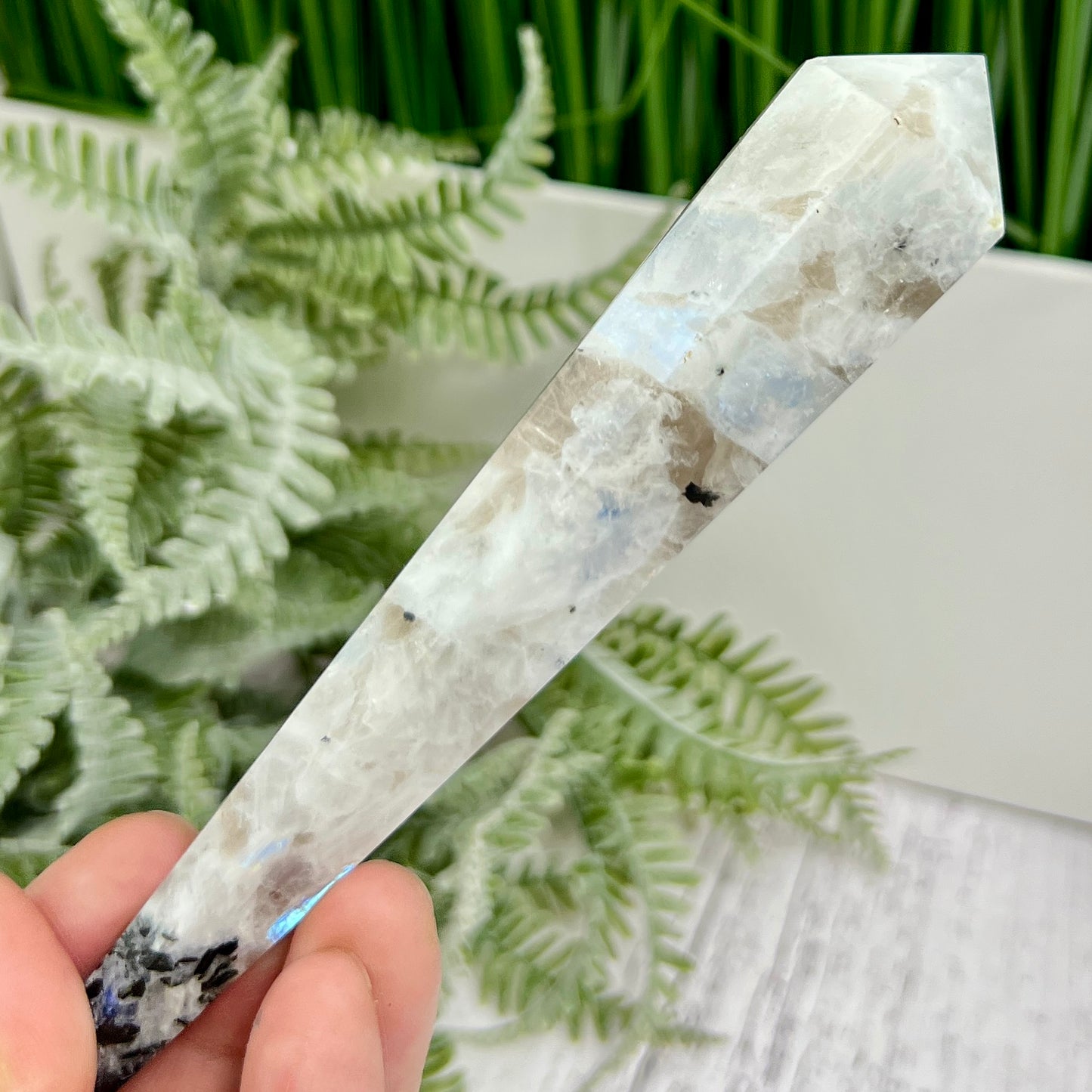 Rainbow Moonstone Black Tourmaline Wand with Stand Crystal Carving 101g 141mm
