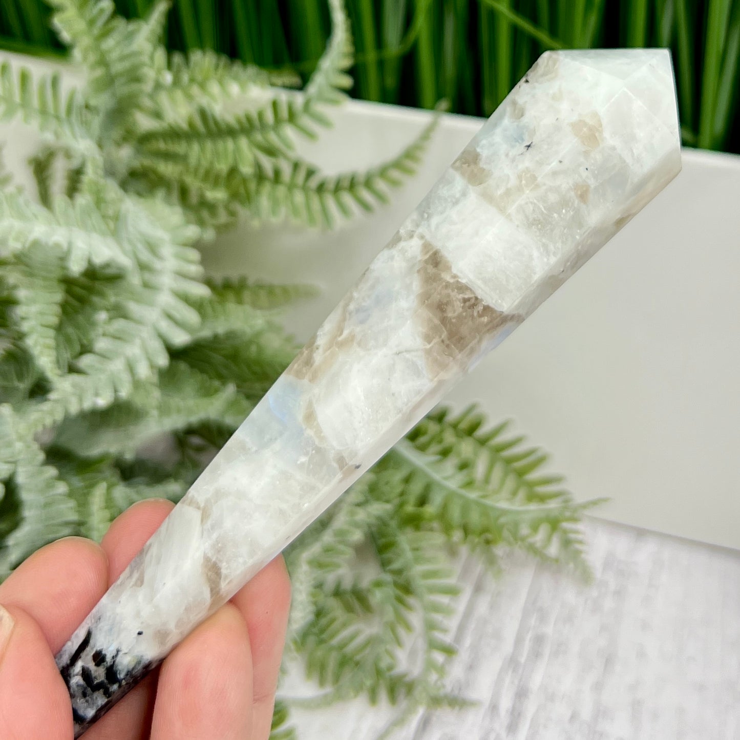 Rainbow Moonstone Black Tourmaline Wand with Stand Crystal Carving 101g 141mm