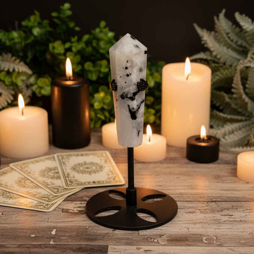 Rainbow Moonstone Black Tourmaline Wand with Stand Crystal Carving 58g 75mm