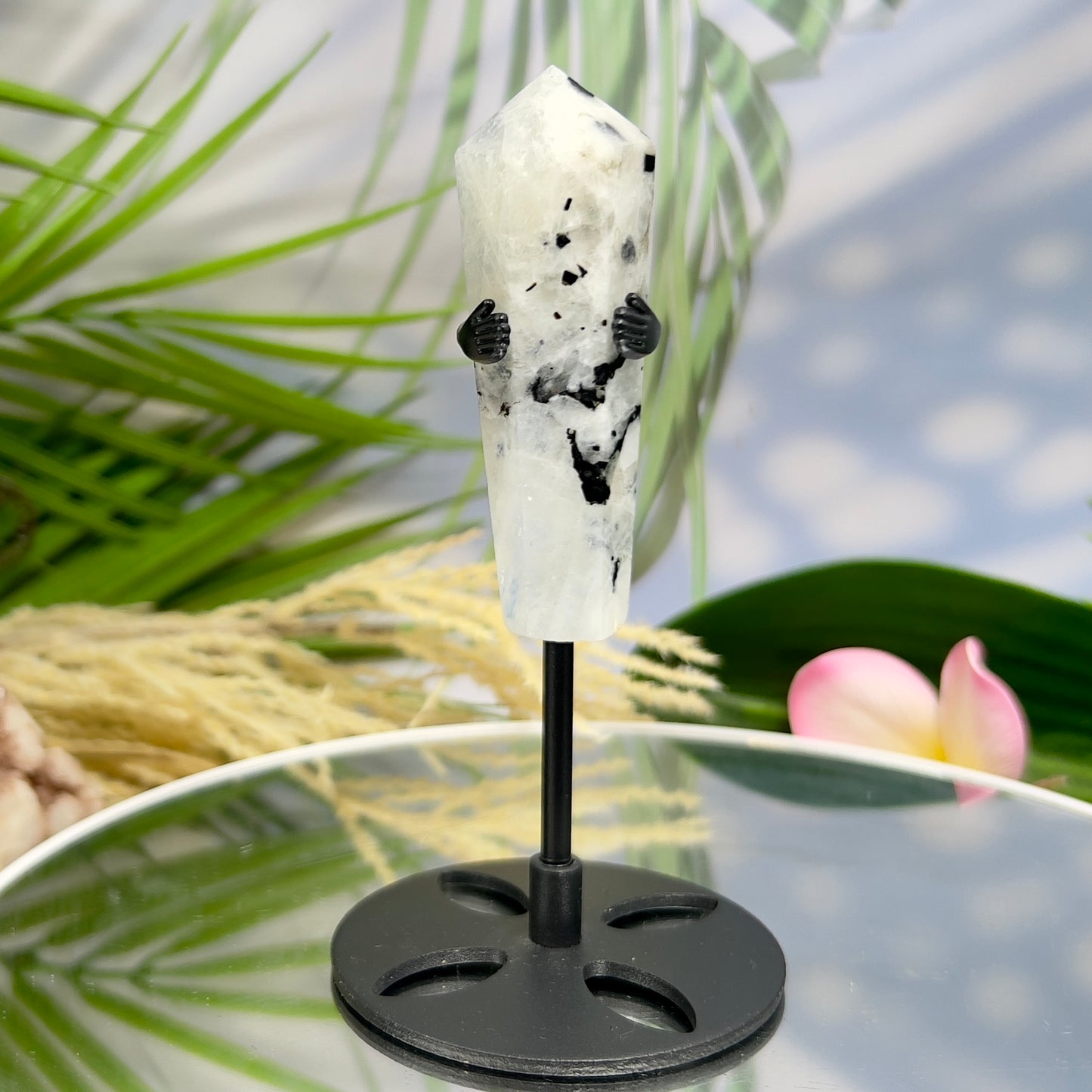 Rainbow Moonstone Black Tourmaline Wand with Stand Crystal Carving 58g 75mm