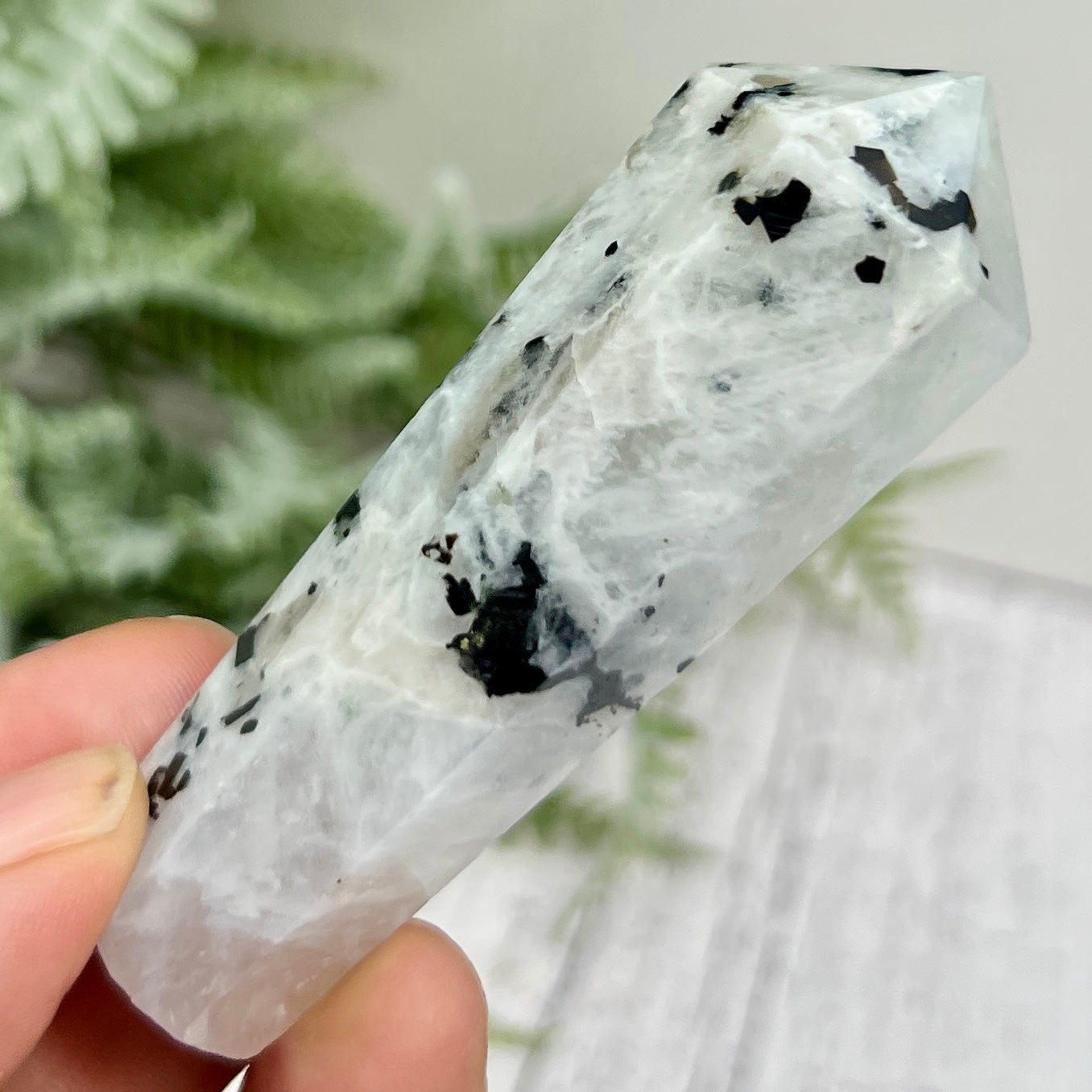 Rainbow Moonstone Black Tourmaline Wand with Stand Crystal Carving 58g 75mm