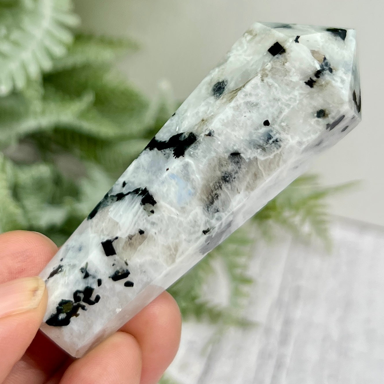Rainbow Moonstone Black Tourmaline Wand with Stand Crystal Carving 58g 75mm