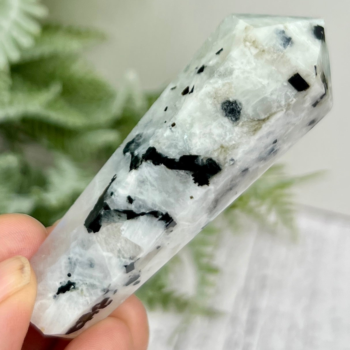 Rainbow Moonstone Black Tourmaline Wand with Stand Crystal Carving 58g 75mm