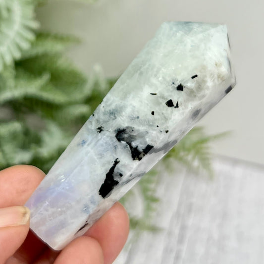Rainbow Moonstone Black Tourmaline Wand with Stand Crystal Carving 58g 75mm