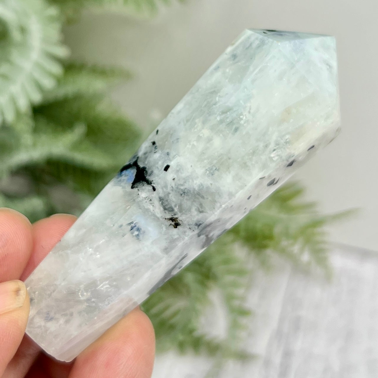 Rainbow Moonstone Black Tourmaline Wand with Stand Crystal Carving 58g 75mm