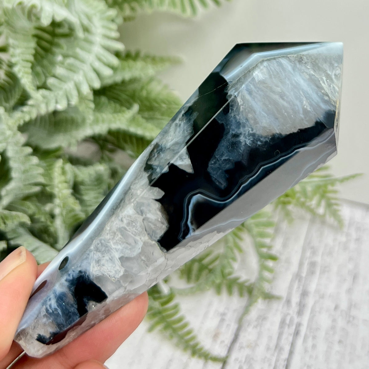Black Agate Quartz Wand with Stand Healing Crystal Carving 160g 115mm